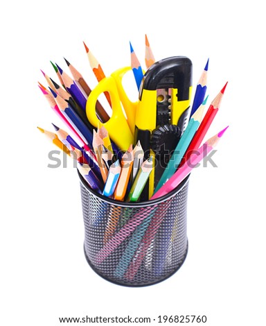 Colored Pencils in Holder Isolated on White Background. 
