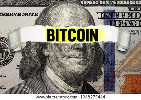 Torn bills revealing BITCOIN words. Ideas for blockchain technology and traditional currency, Stable Currency, digital currency, U.S. Dollar coin, centralized stable coin, Defi, and alternative dollar Royalty-Free Stock Photo #1968275464