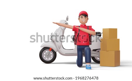 Delivery man doing dabbin with motorcycle, 3d rendering