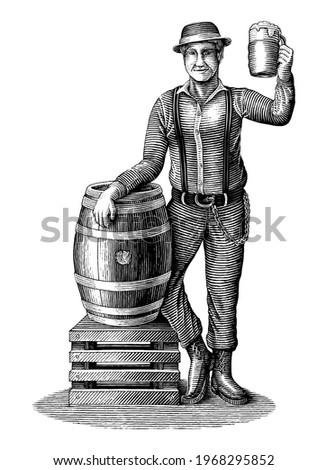 The man standing next to an oak barrel with a beer glass hand draw vintage engraving style black and white clip art isolated on white background