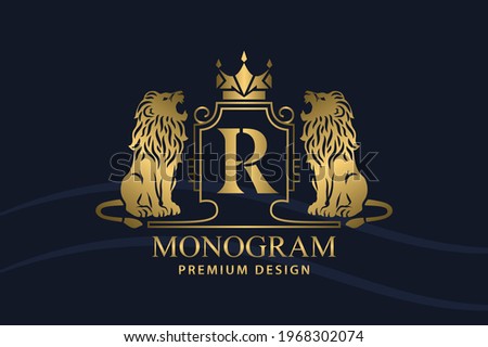 Golden Coat of Arms with Roaring Lions. Letter R. Art Design with Crown. Creative Logo with Royal Character. Vintage Emblem. Two Wild Animals. Luxury Style. Good for Brand Name. Vector Illustration