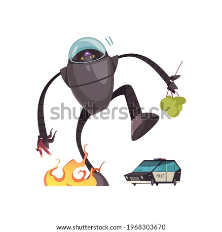 Evil alien in robot machine attacking people and city cartoon vector illustration