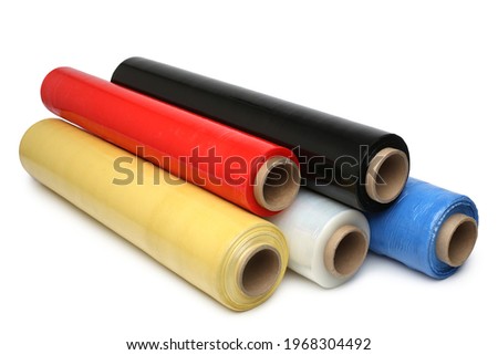 Rolls of wrapping plastic stretch film on white background
