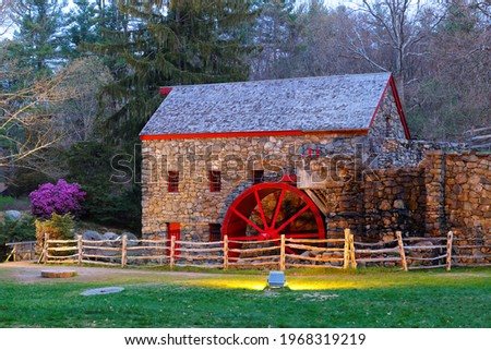 The Wayside Inn Grist Mill with water wheel after sunset, Sudbury Massachusetts USA Royalty-Free Stock Photo #1968319219