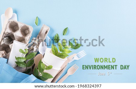 World Environment Day, go green, Recycle and Eco concept, Different garbage materials on pastel blue background.