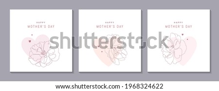 Happy Mother's Day vector greeting cards set with elegant flowers and pastel colored hearts on white. Continuous line minimalist style illustration Royalty-Free Stock Photo #1968324622