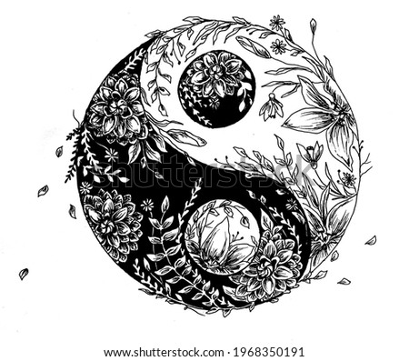 Illustration of cirlce yin and yang with floral design