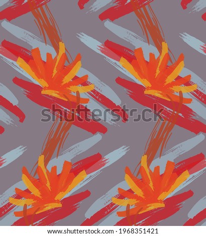Abstract seamless pattern with hand drawn scribbles. Bright colored doodles made by marker crayon paint. Rough ink blobs and splashes with floral garden motif. Artistic wallpaper wrapping design.