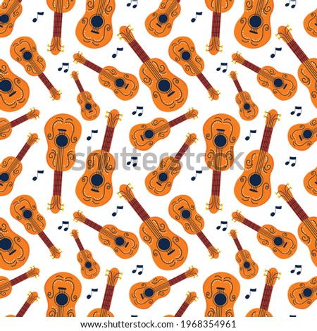 Seamless pattern with acoustic guitars and notes. Vector illustration. Endless texture for musical design