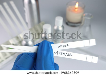 left hand of perfumer is holding blotter paper for testing smell of essential oil and fragrance oil during blending process for choosing nice scent for making scented candles and body perfume in lab Royalty-Free Stock Photo #1968362509