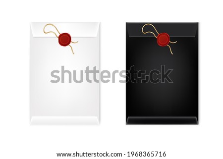 Two different black  and white mail envelope with a gold stamp on a light background.Vector illustration of the wax luxury seal.Design element.