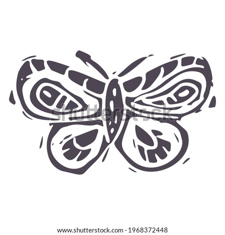 Hand carved bold block print butterfly icon clip art. Folk illustration design element. Modern boho decorative linocut. Ethnic muted natural tones. Isolated rustic vector motif. 