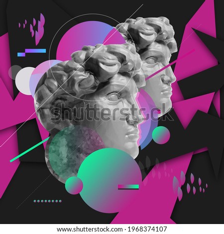 Art collage with plaster head statue isolated on bright multicolored geometric background. Copy space for ad, text. Modern design. Line art. Surrealism. Modern unusual art. Neon colored, pink and Royalty-Free Stock Photo #1968374107