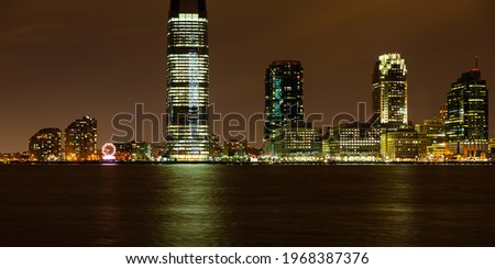 New Jersey waterfront skyline at night, New York.