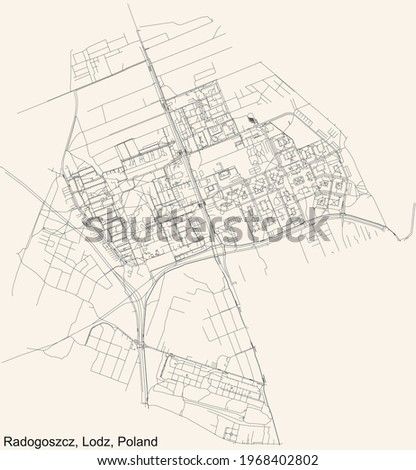 Black simple detailed street roads map on vintage beige background of the quarter Radogoszcz district of Lodz, Poland