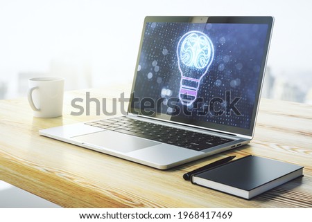 Creative light bulb illustration with human brain on modern computer monitor, future technology concept. 3D Rendering