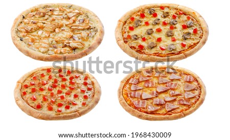 Set of four pizzas isolated on white background. Italian food concept.