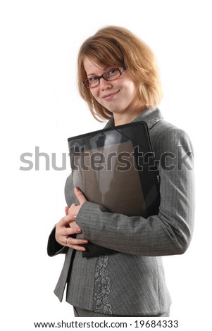 The young girl holds a folder with documents.