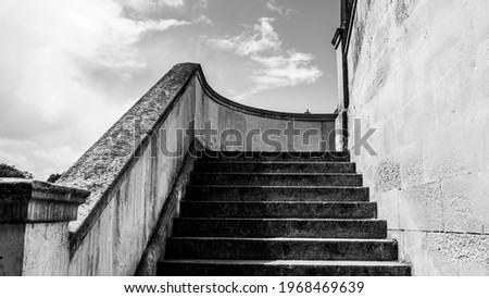 Kingston Upon Thames London UK, May 04 2021, Black and White Image Abstract Geometry Of concrete Steps Leading Up To Kingston Bridge With No People