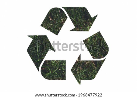 Recycling logo symbol with green leaves. Concept of recycling the plastic, ecology, environmental conservation metaphor. Isolated with free text space, copy space, flatly banner Royalty-Free Stock Photo #1968477922
