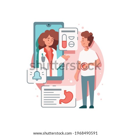 Online medicine flat composition with image of patient with stomach and doctor in smartphone vector illustration