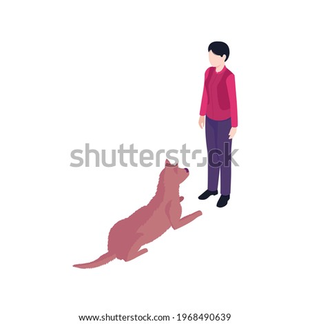 Isometric dog training cynologist composition with isolated characters of man and lying dog vector illustration