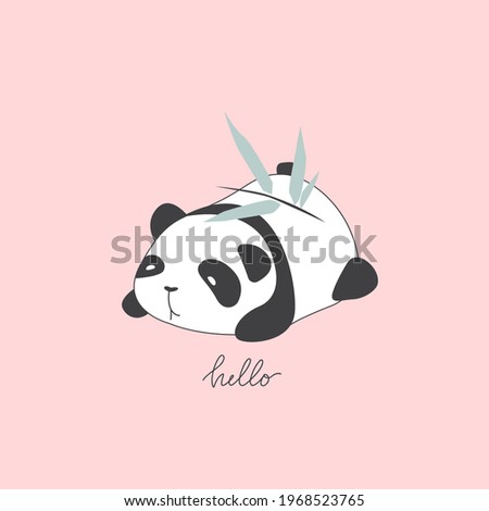 Vector hand-drawn cute panda with bamboo branch on his head. Cute print for t-shirt, logo design. Hello lettering