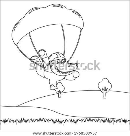 Vector cartoon illustration of skydiving with litlle dinosaur with cartoon style Childish design for kids activity colouring book or page.