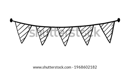 Festive garland with striped flags isolated on white background. Vector hand-drawn illustration in doodle style. Suitable for cards, logo, invitations, decorations, birthday designs.