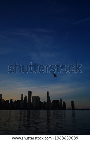 Reflection of city skyline in the lake at sunset