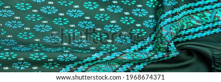 silk fabric. green, with green and birch flowers, dense fabric, double-sided based on triacetate fibers. Background, Pattern Decor