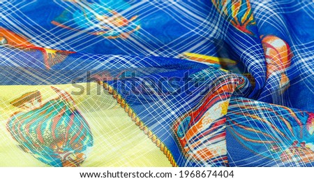 navy blue silk fabric, coral reef fish, nautical theme. Children's art. background, texture, pattern