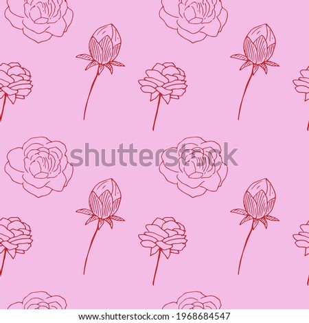 Peony seamless pattern, vector illustration, hand drawn sketch, pink color