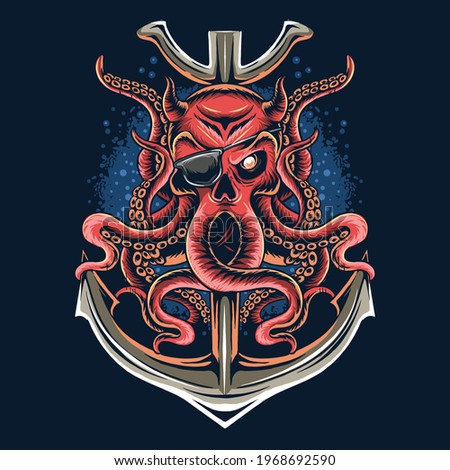 pirate octopus with a one-eyed skull face Royalty-Free Stock Photo #1968692590