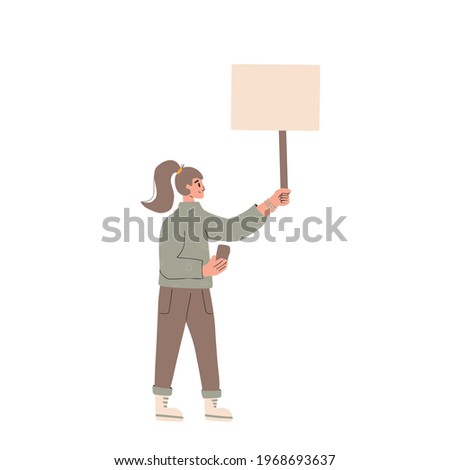 Female character holding placard isolated on white background. Person standing with blank. Young woman in casual clothes with banner.  Vector line illustration.