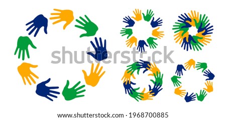 Hand print icons using Brazil flag colors set. Circle frame. People emblem. Brazil icon. Vector illustration.