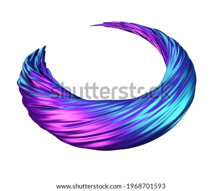 Metallic 3d render iridescent circle line brush stroke frame. Concept abstract holographic pink bluу paint twisted smear illustration isolated on a white background. Modern loop swirl banner idea.