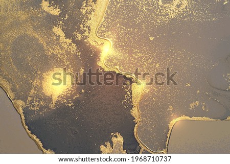 Warm grey and gold marble texture with sparkles. Abstract vector background in alcohol ink technique. Modern paint with glitter. Template for banner, poster design. Fluid art painting