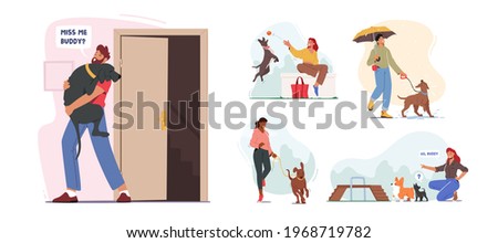 Set of People Spend Time with Pets at Home and Outdoors. Characters Walking and Playing with Dogs, Relaxing Open Air. Active Leisure, Communication, Love, Care of Animals. Cartoon Vector Illustration