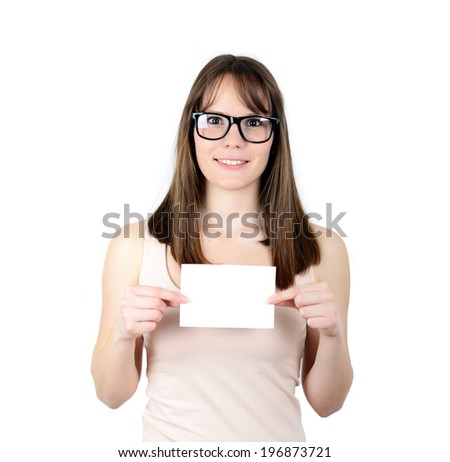 Portrait of beautiful young female holding blank paper