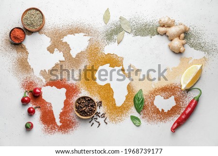 World map made of different spices on light background Royalty-Free Stock Photo #1968739177