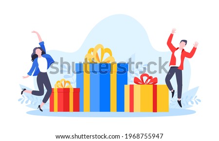 Earn loyalty program points, get online reward and gifts. Get loyalty card and customer service business concept flat design vector illustration. Tiny people with big gift boxes. Royalty-Free Stock Photo #1968755947