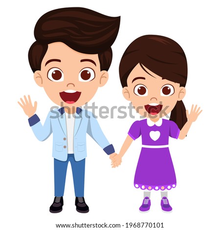 Happy cute kid girl and boy character couple wearing beautiful outfit standing holding hand together and waving posing isolated