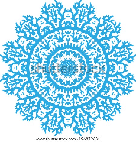Snowflake vector. Blue mandala. Coral circle. 