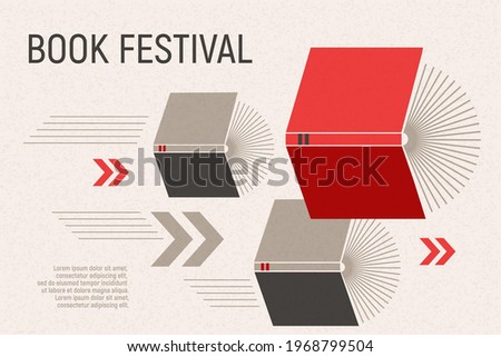 Banner for book festival. Open books flying with arrows. Vector minimalist background with textures. Design template for a library, education theme. Concept of striving for success. Red and grey color