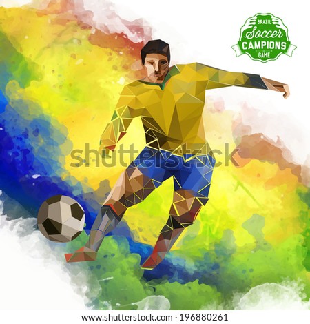 Vector concept of BRAZILIAN watercolors and geometrical figures footballer. Creative soccer design with labels for you. Label separate from background.