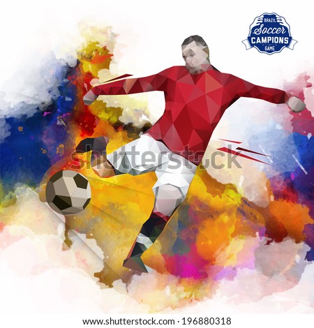 Vector concept of soccer player with watercolor background and geometric figures combination of different colors.  Creative football design with labels for you.Label separate from background.