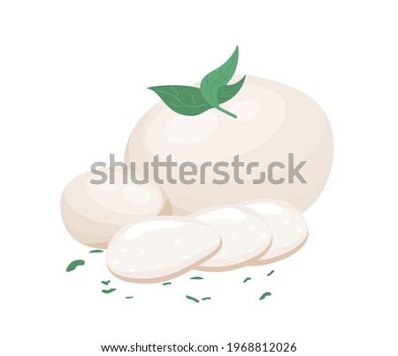 Gourmet Italian Mozzarella cheese with basil leaves.Whole Mozarella balls of fresh white sliced cheese,cut pieces. Organic healthy farm food.Flat vector illustration of food isolated, white background Royalty-Free Stock Photo #1968812026
