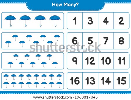 Counting game, how many Umbrella. Educational children game, printable worksheet, vector illustration
