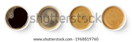 Set of paper take away cups of different black coffee isolated on white background, top view Royalty-Free Stock Photo #1968819760